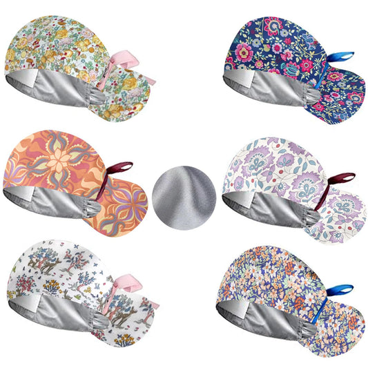 6Pcs Satin Lined Scrub Caps Women Ponytail, Adjustable Surgical Caps for Women, Scrub Hats, Nurse Cap, Nurse Surgical Hat with Button and Sweatband, Elastic Ponytail Pouch Tie Back