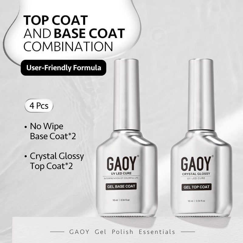 Glassy Gel Top Coat & Base Coat Set - 16ml, No Wipe UV Nail Polish | 4 Pcs