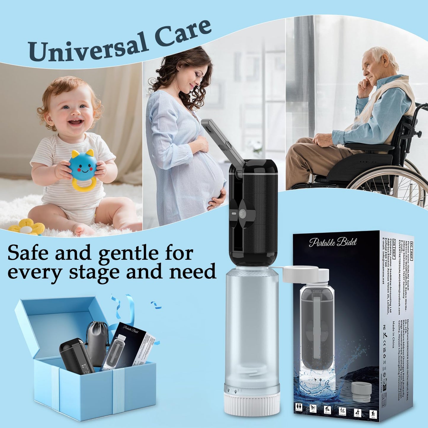 Portable Bidet for Travel, Rechargeable Travel Bidet Sprayer Fits Various Sizes of Water Bottles, Waterproof High Pressure Handheld Bidet for Women Men Personal Hygiene, Black