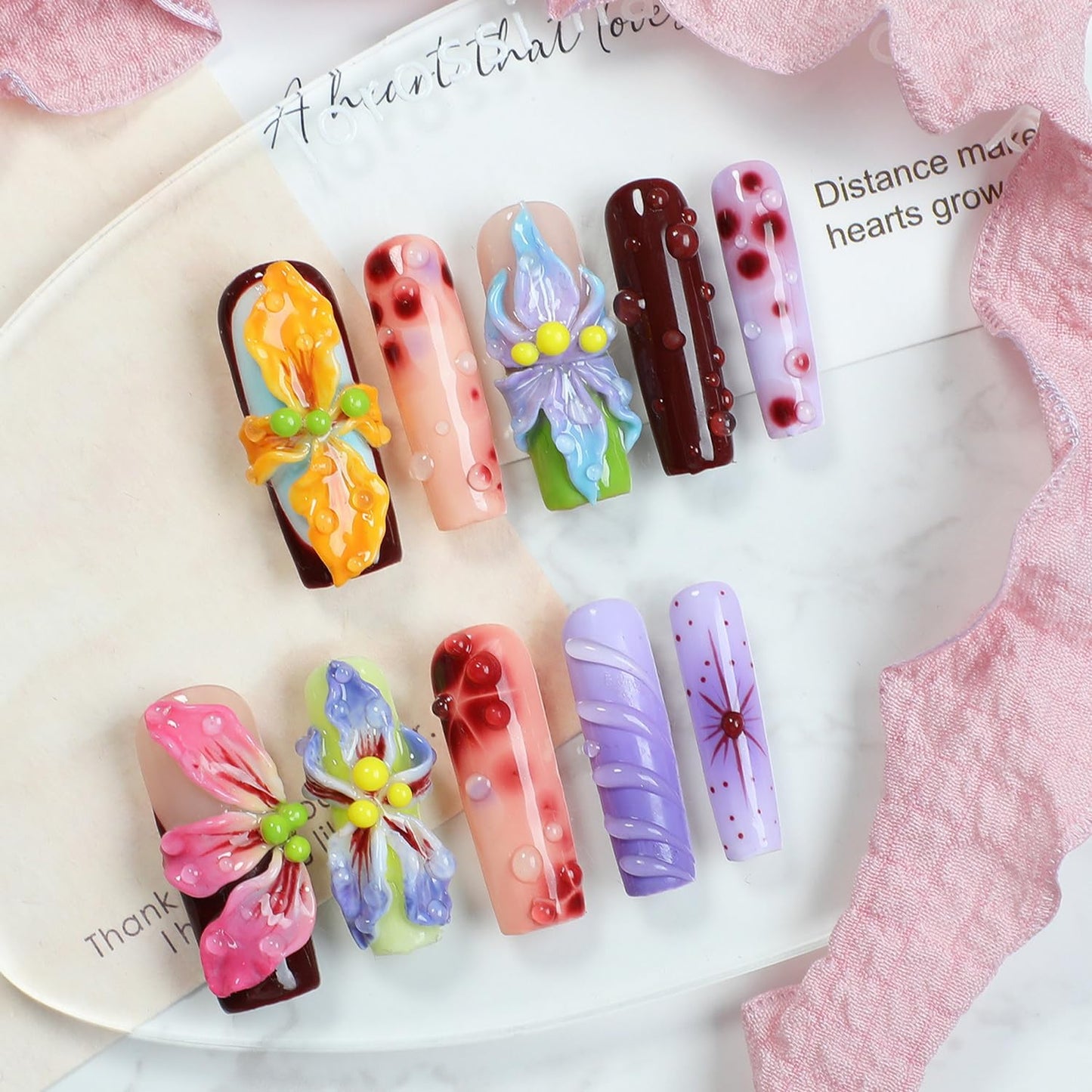 Handmade Flower Press On Nails - Gradient Floral 3D Waterdrop Design | Long Coffin Multicolor Acrylic Nails (Size M)