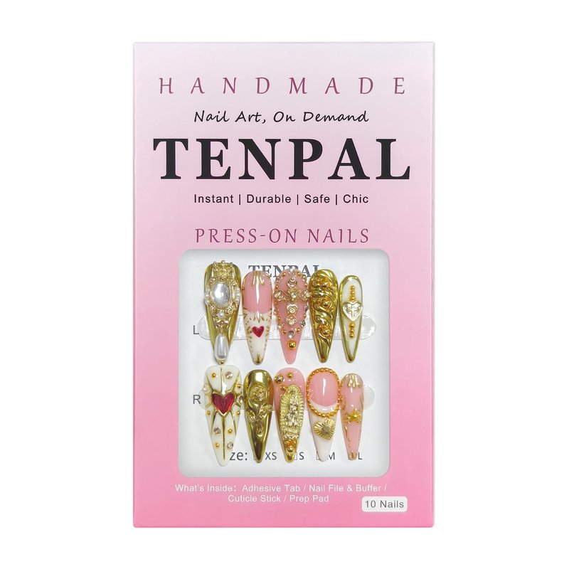 TENPAL 10Pcs Handmade Egyptian Press On Nails With Tools,Golden Palace Long Stiletto Glue on Nails,Glossy Sacred Rose & Cross Charms Fake Nails with Crystal Luxe,Acrylic Nails for Women Gifts(M)
