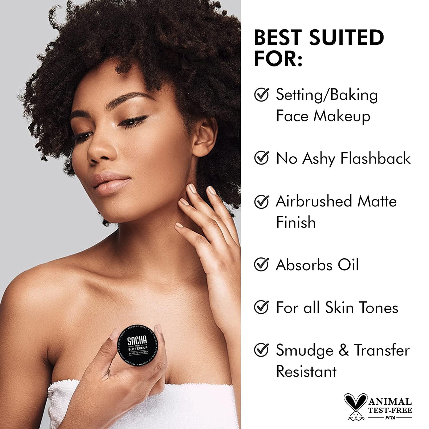Sacha BUTTERCUP Mini Setting Powder - Translucent Face Powder for Medium to Dark Skin Tones | Blurs Fine Lines & Pores, 0.35 oz.
