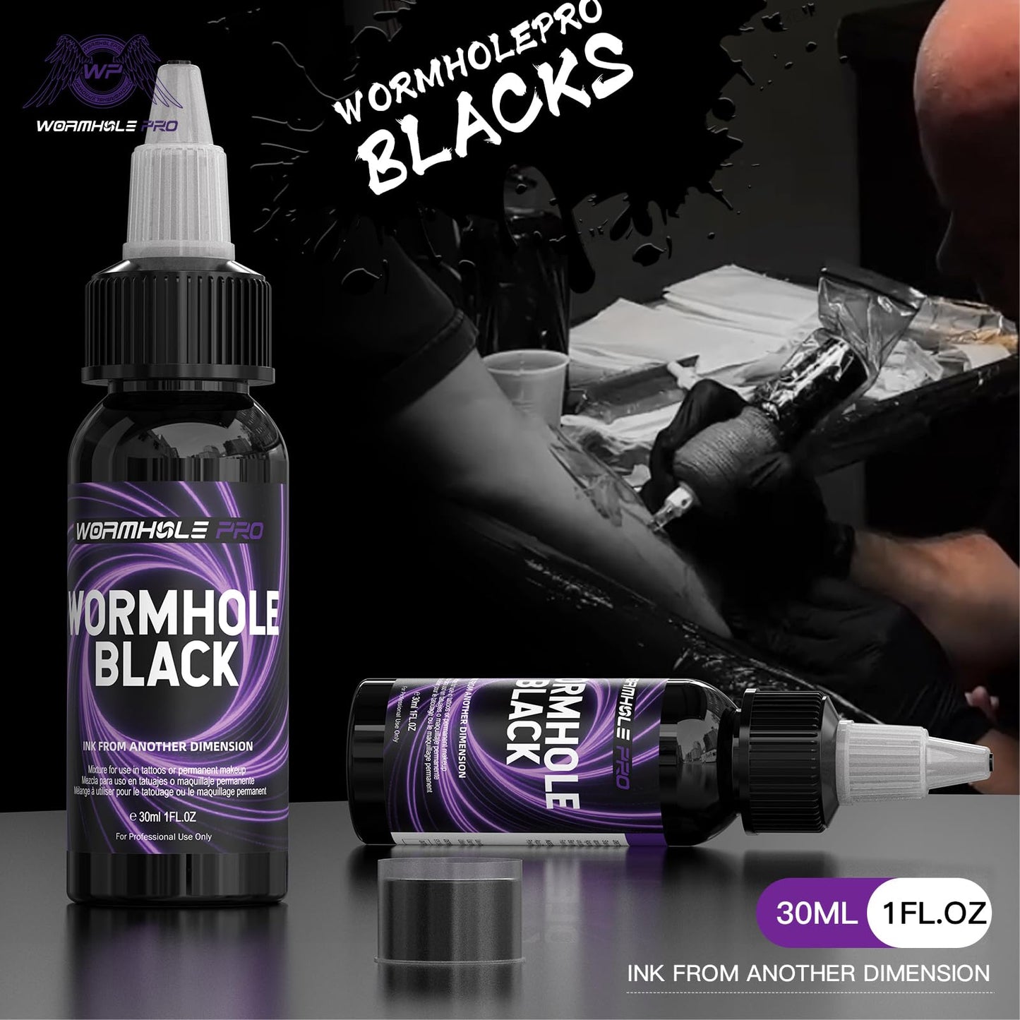 WORMHOLEPRO Black Tattoo Ink Premium Long Lasting Vivid Color Tattoo Ink Vegan Friendly Tattoo Pigment Tattoo Supplies (8 oz Bottle)