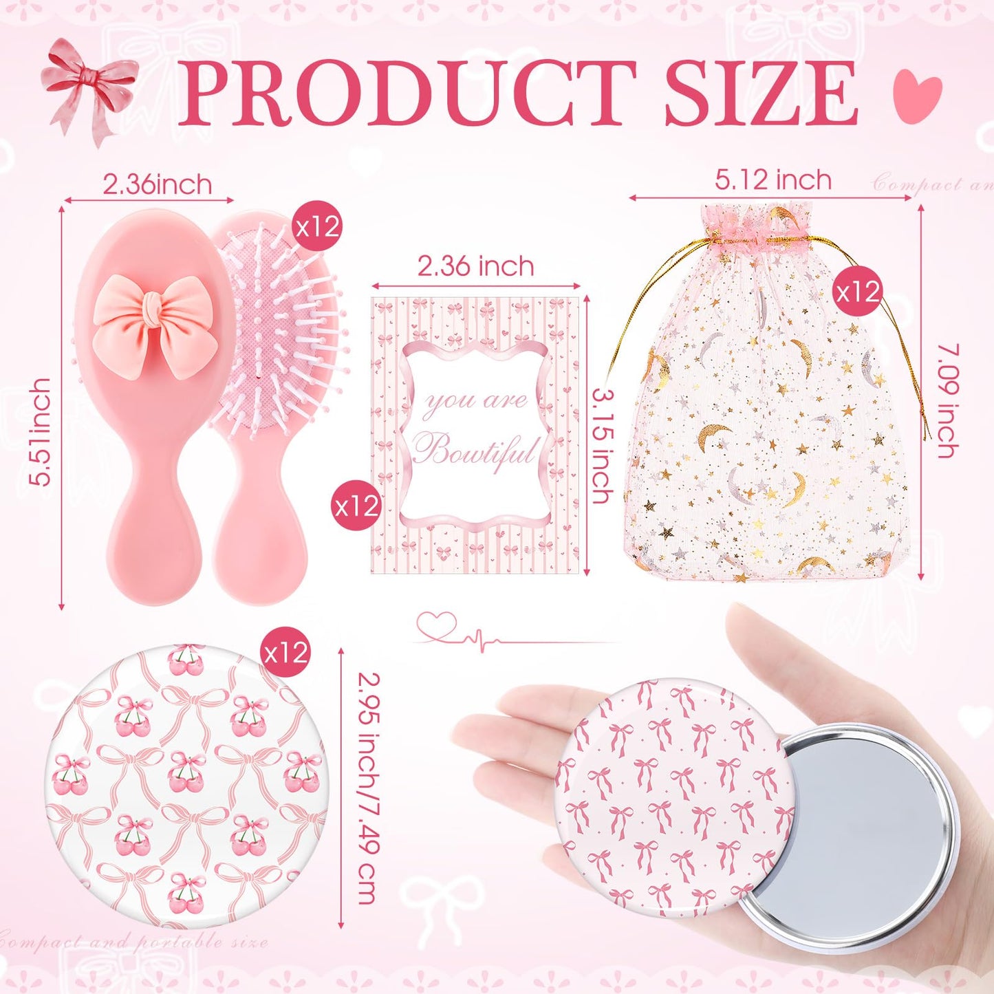 Ferrochef 48 Pcs Bow Themed Party Favors Gifts Bownot Mini Hair Brush Comb Bow Compact Mirror with Inspirational Cards Gift for Girls Princess Coquette Baby Shower Birthday Party(Cute,Pink)