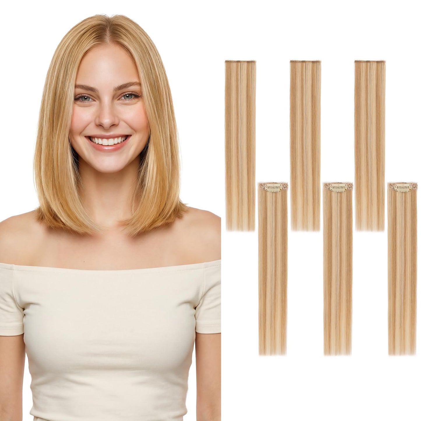 TESSHAIR 6PCS Clip in Hair Extensions Real Human Hair Short Clip in Extensions for Women Short Straight Hairpieces to Add Volume and Highlights 14 Inch Golden Brown & Bleach Blonde
