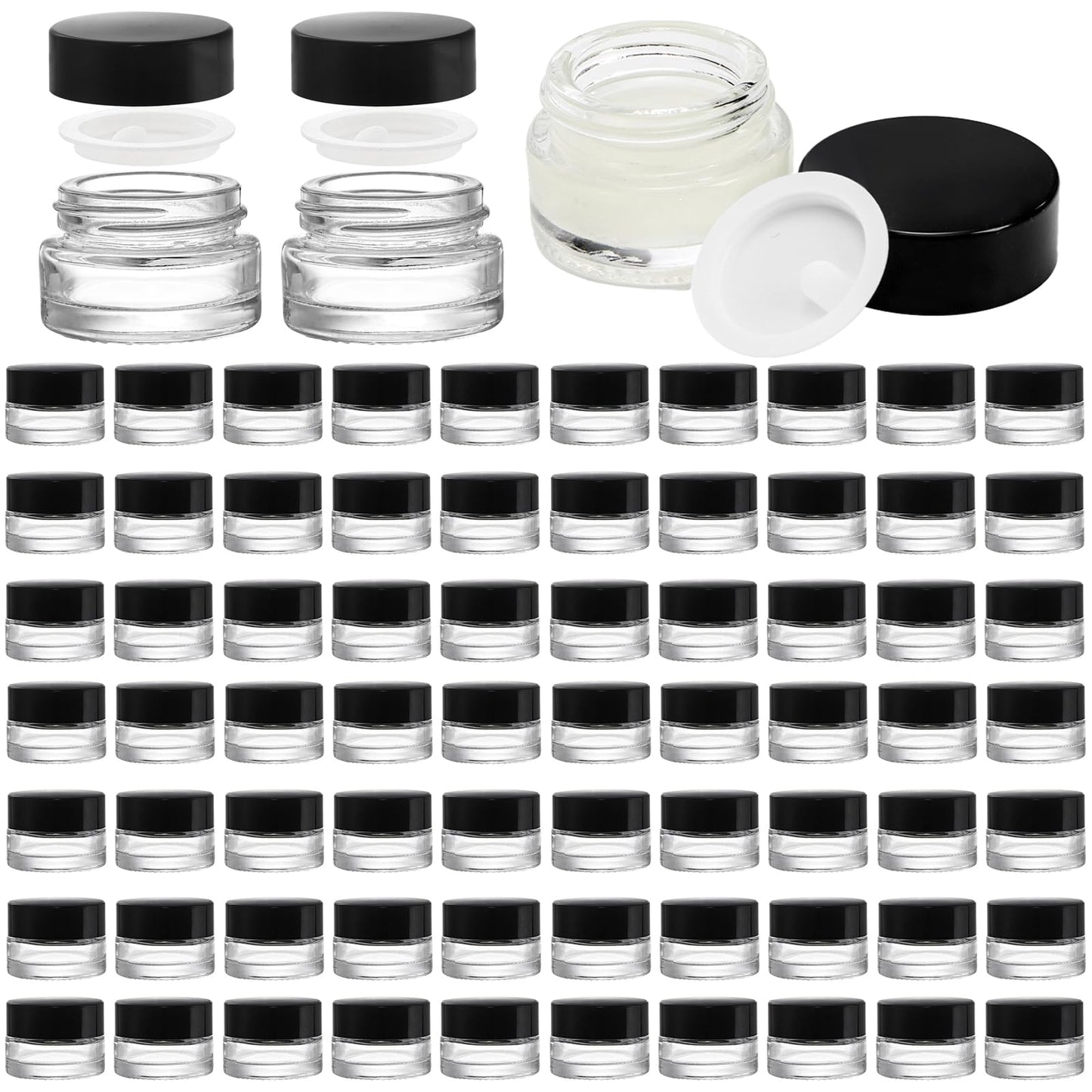 Coloch 90 Pack 5ml Glass Sample Containers with Black Lid, Mini Glass Cosmetics Jars with Inner Liner Bulk Refillable Tiny Glass Jars for Cosmetics, Lotion, Cream, Samples, Wax, Skincare, Travelling