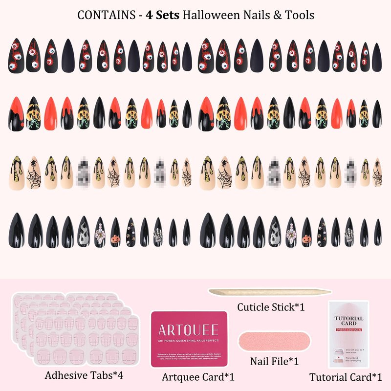 Artquee Halloween Press on Nails 4 Packs 96 Pcs Short Square False Tips with Pumpkin Haunted House Ghost Designs Reusable Fake Stick on Nails Kit for Women - 12 Sizes