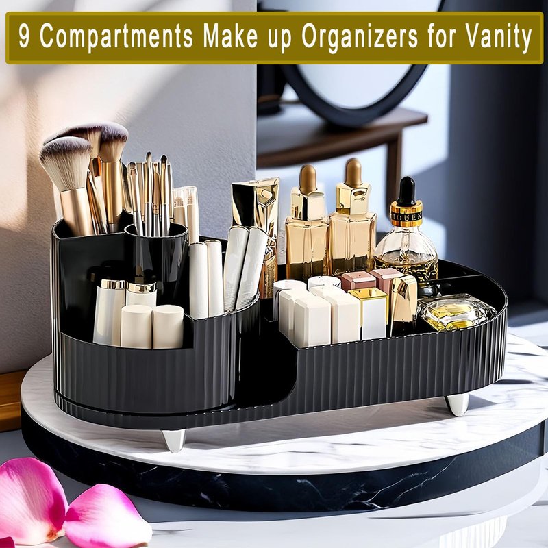 BESSKON Rotating Makeup Organizer Countertop, Large Cosmetic Storage with Makeup Brush Holder, Vanity Makeup Organizer, Bathroom Make up Holder, Spinning Skincare Organizer for Perfume, Lotions