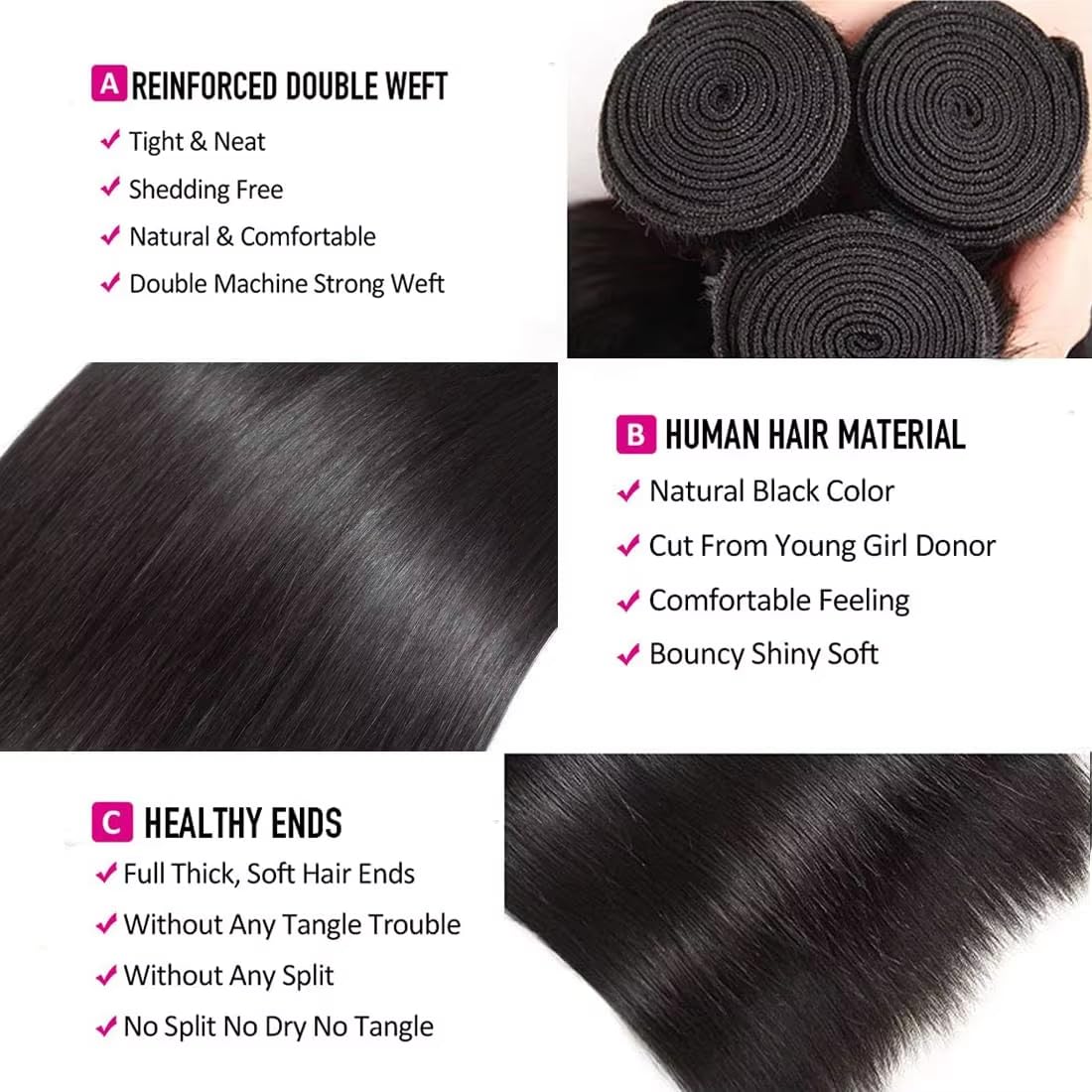 Straight Bundles Human Hair 12 14 16 Inch Human Hair Bundles 100% Unprocessed Brazilian Virgin Hair Extensions Straight Human Hair Weave 3 Bundles Deals Natural Color