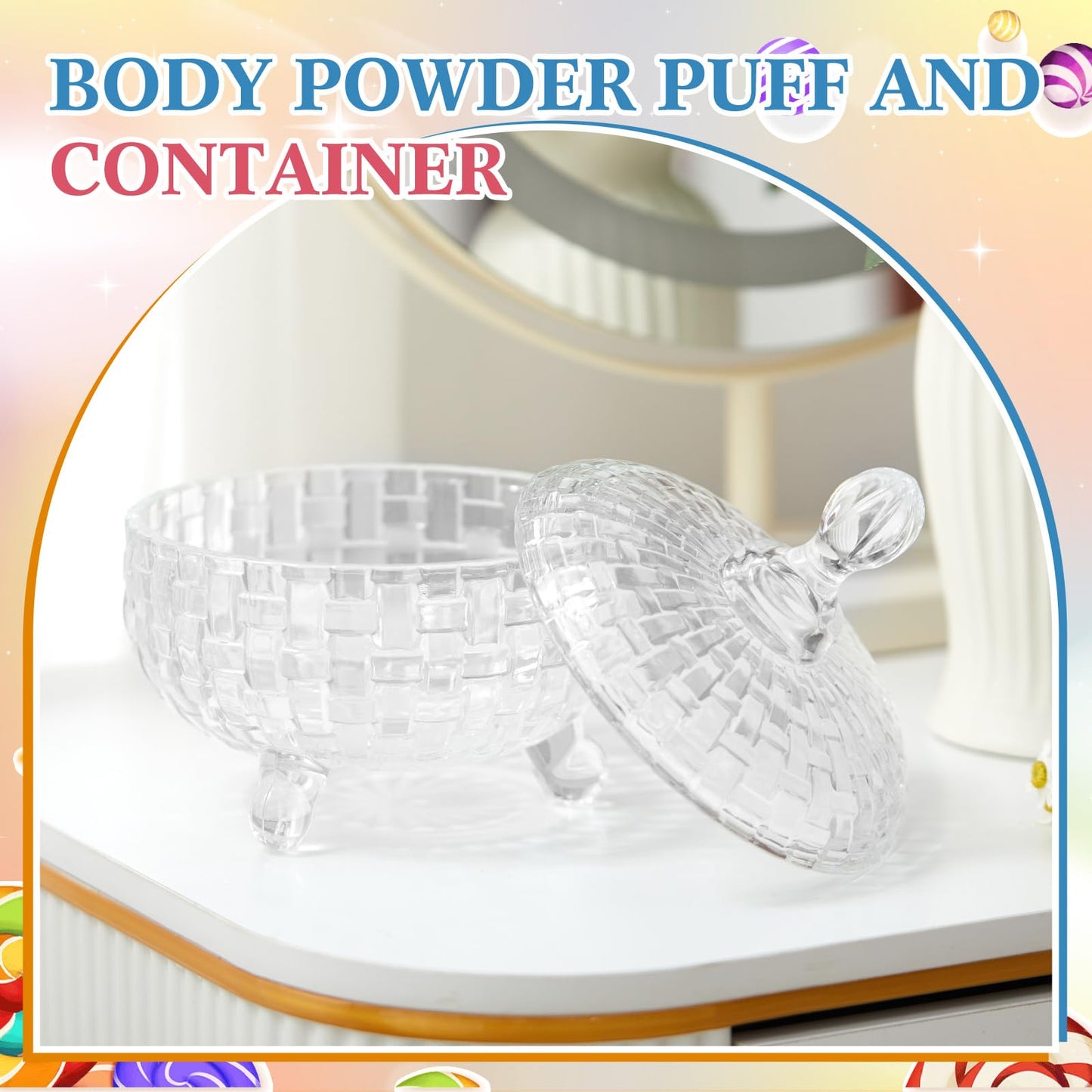 Tioncy 2 Pcs Extra Large Dusting Powder Puff and Container for Women-6'' Glass Crystal Dusting Powder Container with Body Soft Washable Reusable Velour Face(Clear,Weave Design)