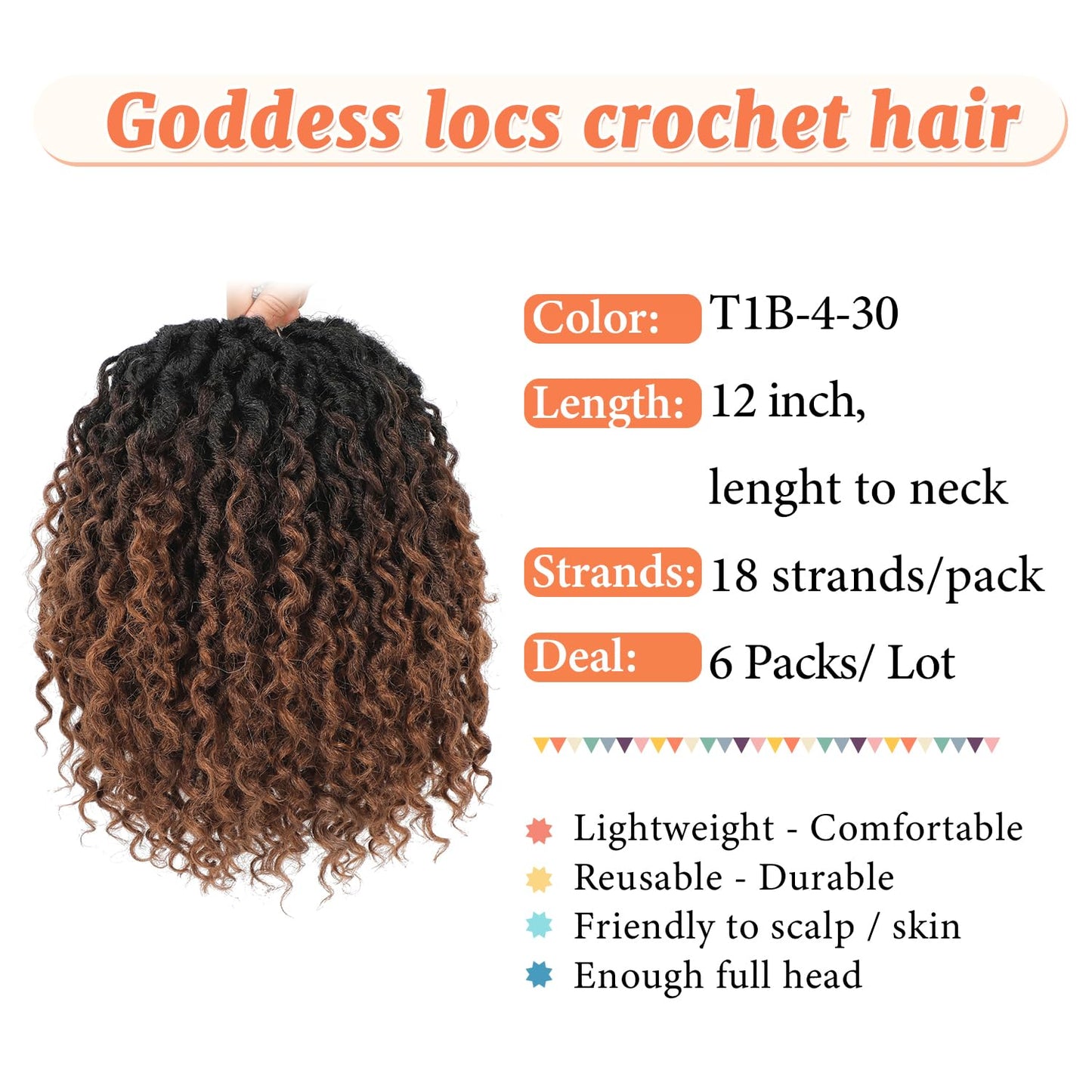 Forevery Goddess Locs Crochet Hair 12 Inch Faux Locs Crochet Hair for Black Women Pre looped 6 Packs Boho Crochet Locs with Curly Ends T1b/4/30