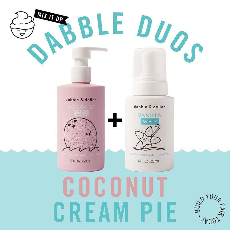 Dabble & Dollop Coconut + Vanilla Kids 3-in-1 Body Wash, Shampoo & Bubble Bath Bundle – Gel + Foam Whip Set, Tear-Free, Gentle, Natural-Origin, Hypoallergenic and Safe for Sensitive Skin (Pack of 2)