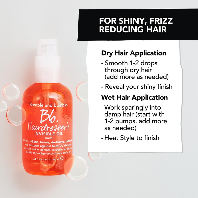 Bumble and bumble. Hairdresser's Invisible Oil Frizz-Reducing Hair Oil | Heat Protection, Frizz Control + Shine | Curly, Wavy, Straight | With Grapeseed, Coconut + Argan Oils, 3.4 Fl Oz