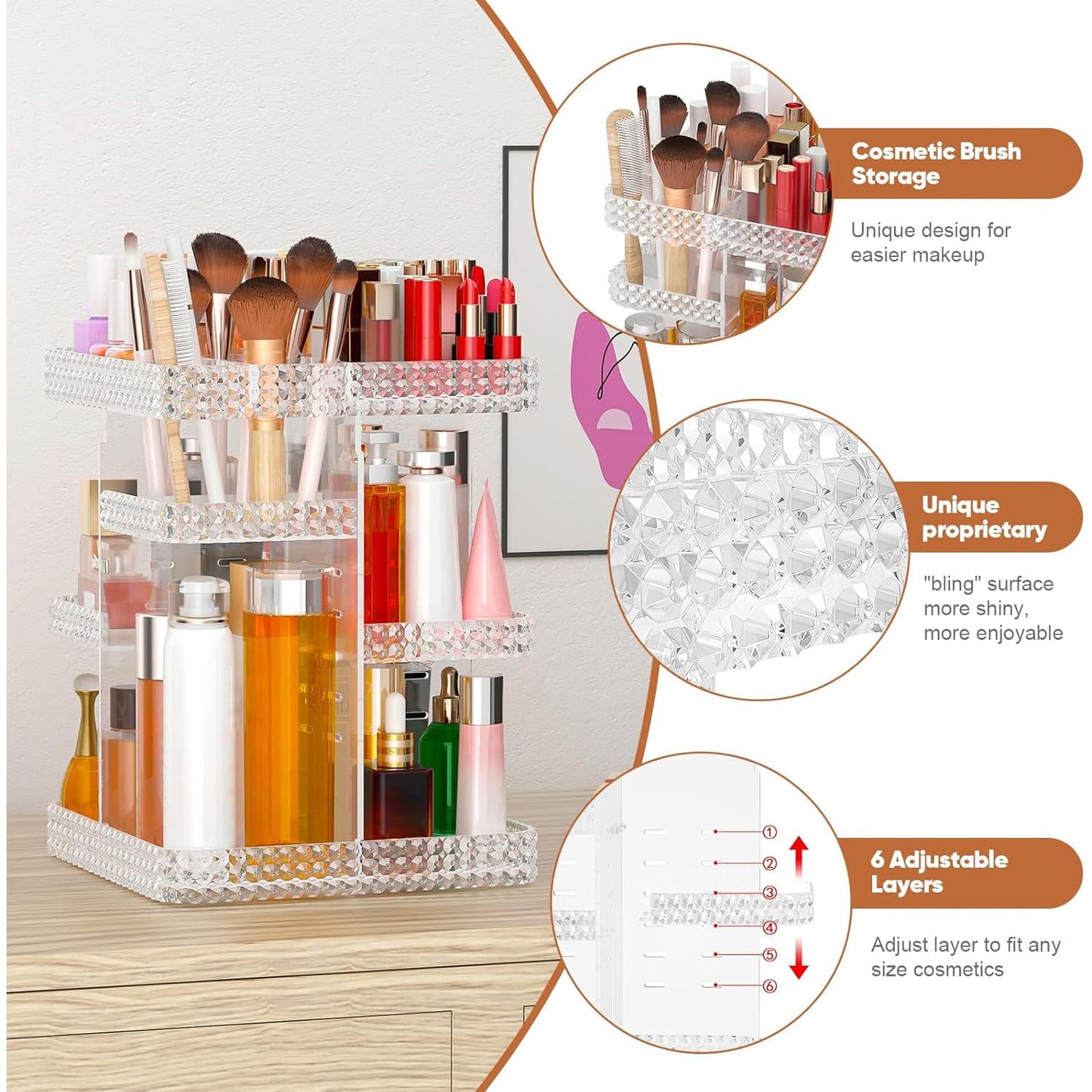 DALEMKY 360 Rotating Makeup Organizer - Black Acrylic Makeup Storage for Vanity, Cosmetic Organizer with Lotion and Perfume Holder for Dresser