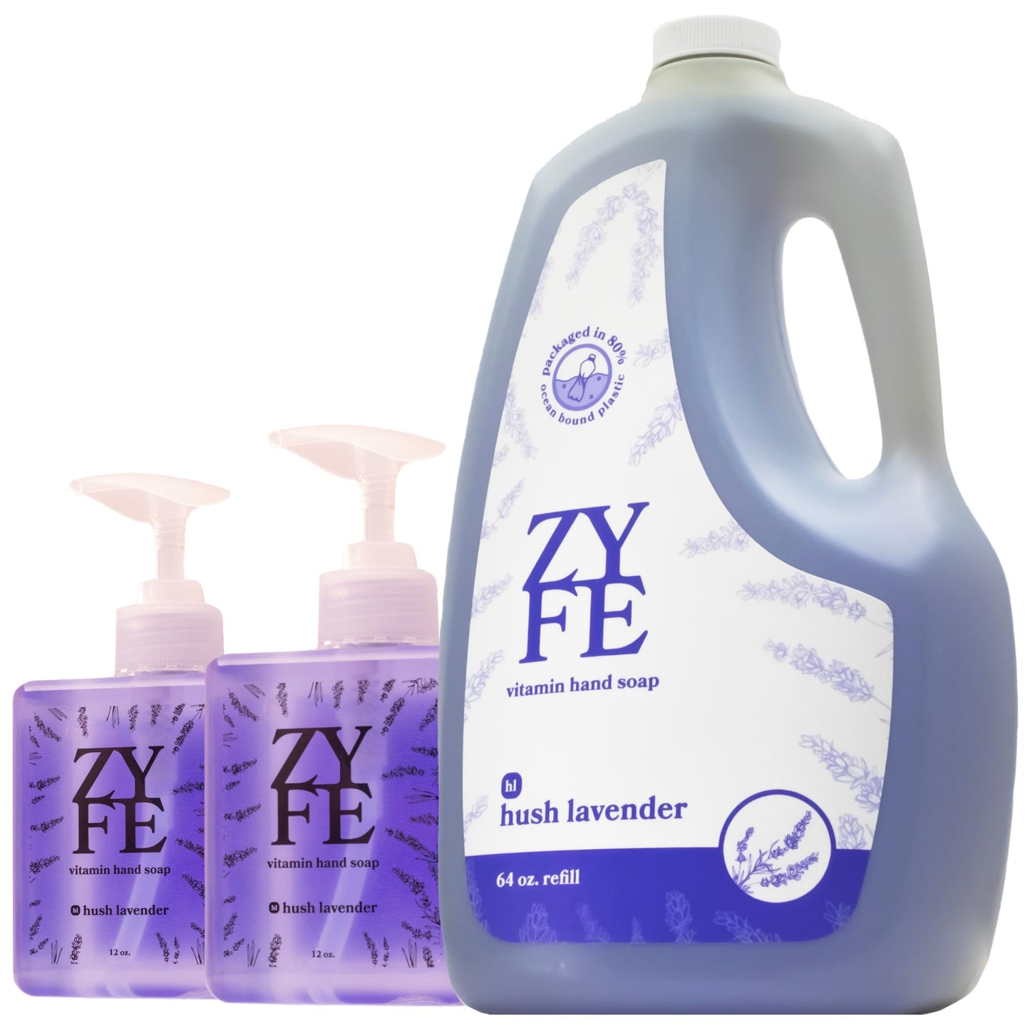 ZYFE Eco Friendly Hand Soap Refills Family Pack - Pland Dervied Liquid Handsoap With 5x Vitamins - 2 12oz Pump Dispenser Bottles and 1 64oz Refill - Lavender