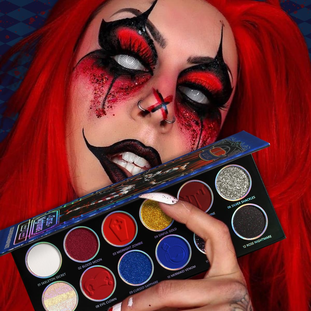 DE'LANCI Red Blue Multichrome Eyeshadow Palette, High Pigment Metallic Silver Shimmer Eyeshadow for Goth, Clown/Joker Smoky Makeup, Longwear Vegan Chameleon Iridescent Black Halloween Cosplay Party