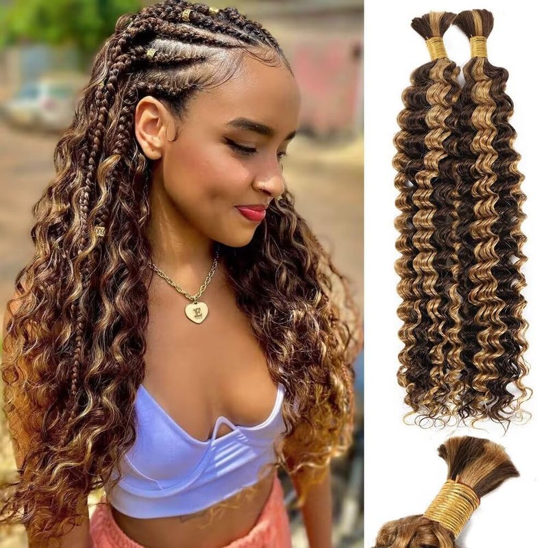 Chocolate Honey Blonde Human Braiding Hair - 2 Bundles, 100g, 18 Inch Deep Wave | Brazilian Virgin Hair for Boho Braids