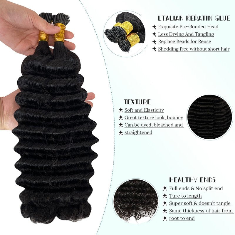 Curly I Tip Hair Extensions Human Hair for Black Women Invisible I Tip Human Hair Extensions Stick Tip Fusion Extension Brazilian Deep Wave Real Human Hair 50g 16 Inch