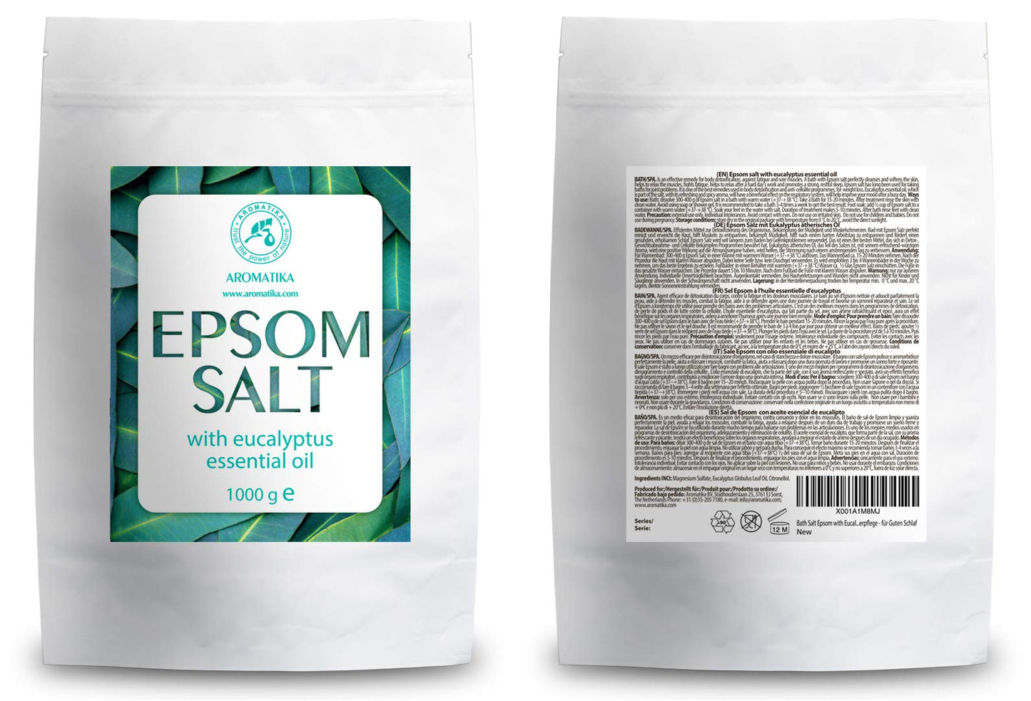 Epsom Bath Salt Eucalyptus 35Oz / 1kg with Eucalyptus Essential Oil - 100% Pure Epsom Salts - Magnesium Sulphate Crystals & Eucalyptus - Skin Care - Relaxation - Good Sleep