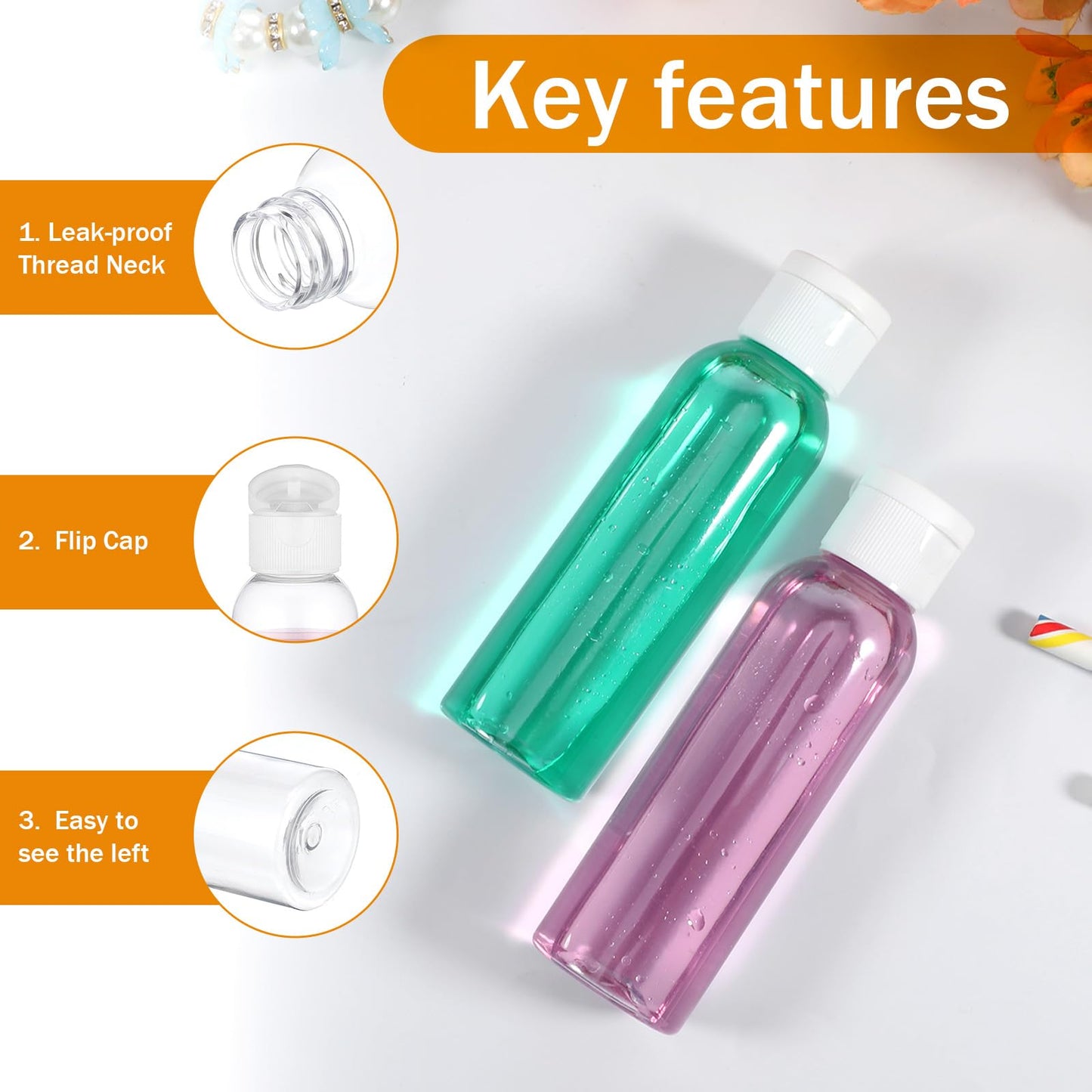 Dimeho 100 Pcs Travel Bottles, 2 oz Plastic Bottles with Flip Cap TSA Approved Leak Proof Empty Refillable Travel Size Cover Cap Portable Dispensing Squeeze Containers for Toiletries Travels Liquid