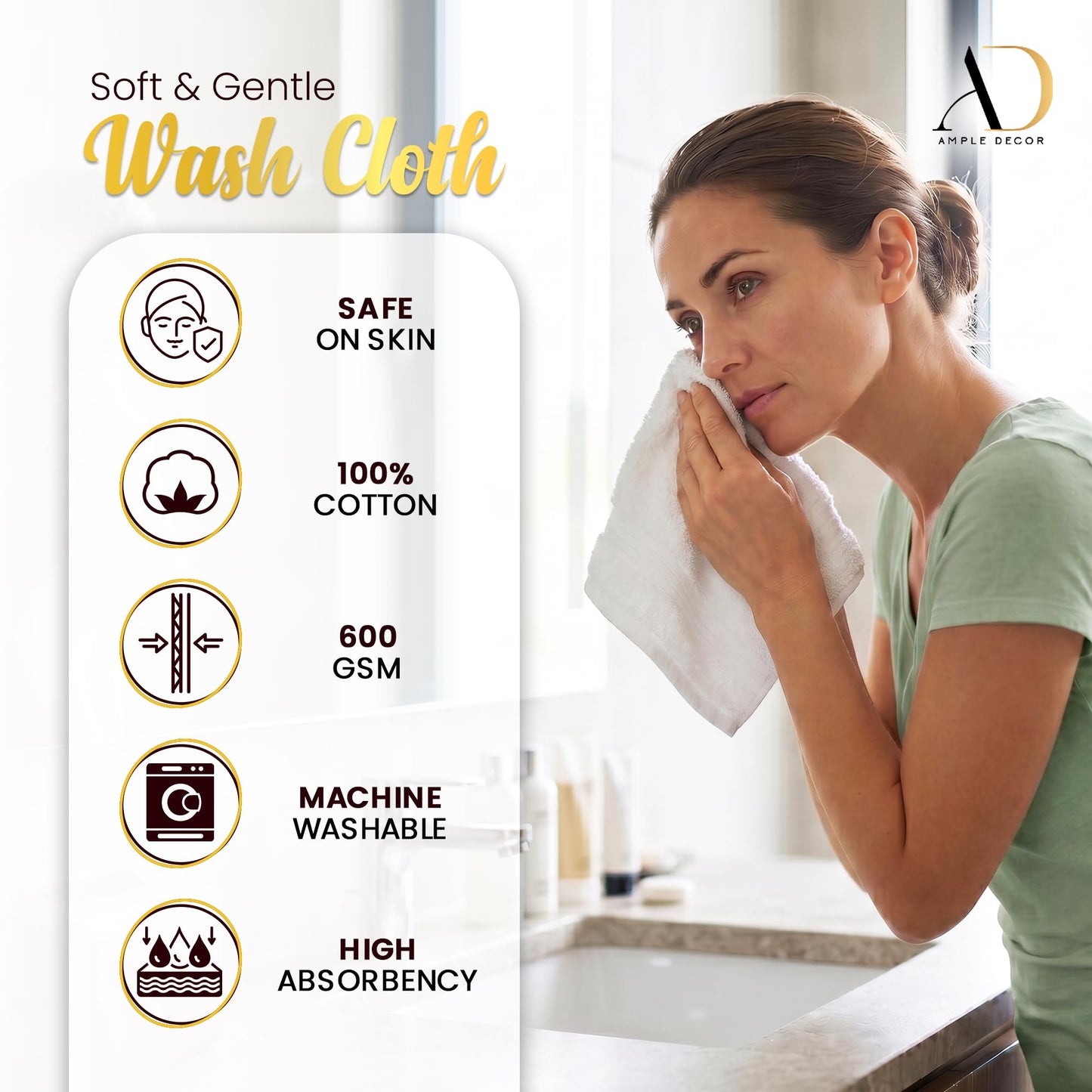 Ample Decor 100% Cotton Washcloths 12x12 Inches, 600 GSM, Soft & Absorbent, Durable, Set of 10, Beige
