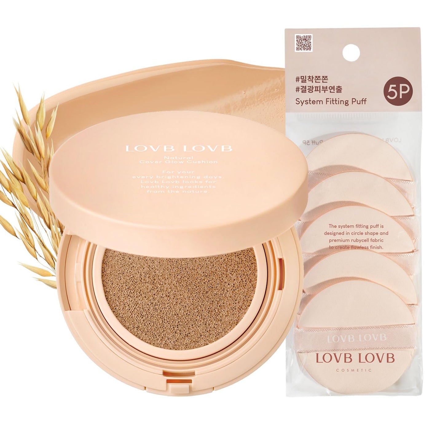 LOVB LOVB Cushion Foundation 0.42 Oz (23N Natural Beige) + System Fitting Puff 5EA | Long-Lasting Buildable Coverage | Korean Cushion Makeup | Face Makeup Tool for Liquid Foundation