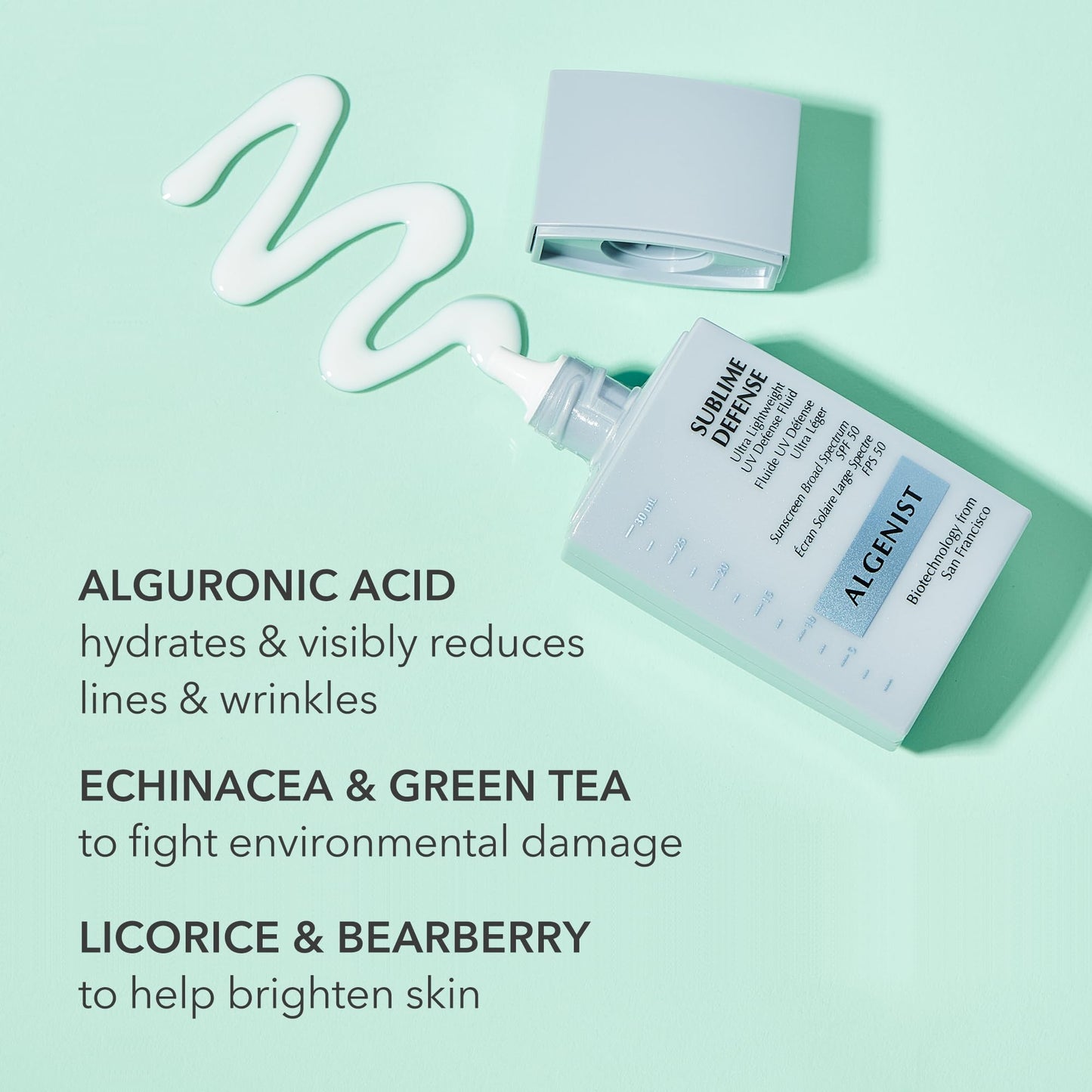 Algenist Sublime Defense Ultra Lightweight UV Defense Fluid SPF50 - Sheer, Oil-Free Face Sunscreen with Vitamin E, Echinacea & Green Tea - Non-Comedogenic & Hypoallergenic Skincare (1 oz)
