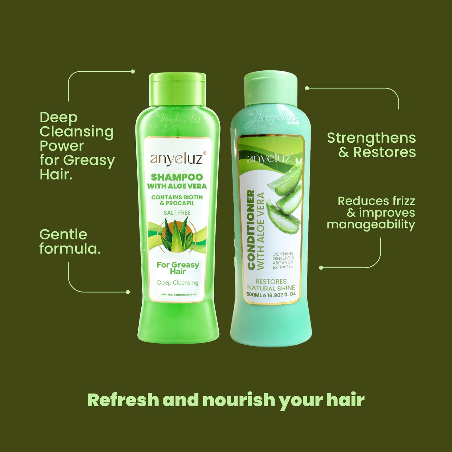 ANYELUZ Aloe Vera Shampoo and Conditioner Set, With Biotin, Provides Strength and Vitality to your Hair, Removes Excess Oil and Residues, for All Hair Types