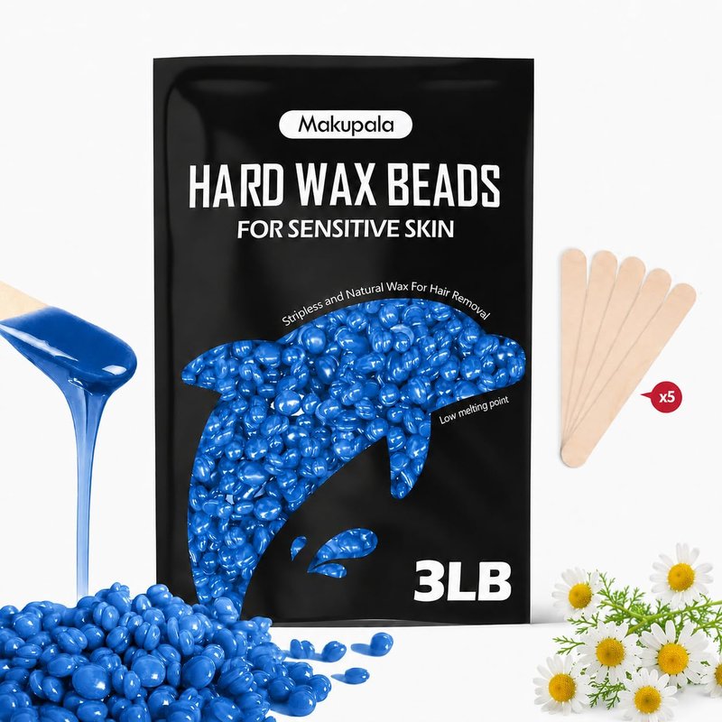 3LB Hard Wax Beads for Hair Removal, Blue Professional Stripless Wax for Coarse Hair, Bikini Brazilian Body Face, Sensitive Skin, Chamomile Scented, Salon & Home Waxing Refill with 5 Sticks