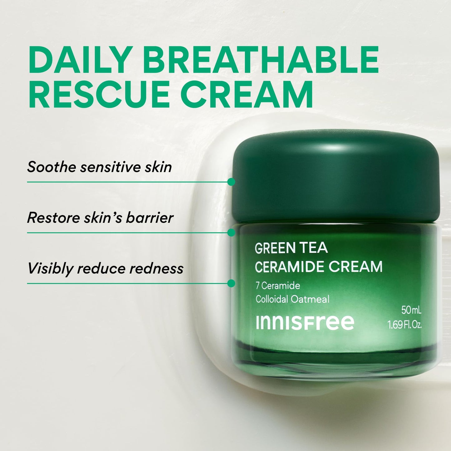 innisfree Green Tea Ceramide Cream | Hydrating Korean Rescue Cream for Acne and Dry, Sensitive, and Eczema Prone Skin | Non-Comedogenic