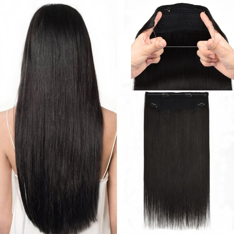 Invisible Fish Line Hair Extensions - 18 Inch Natural Black Human Hair Piece | 100g Lightweight Wire Extensions