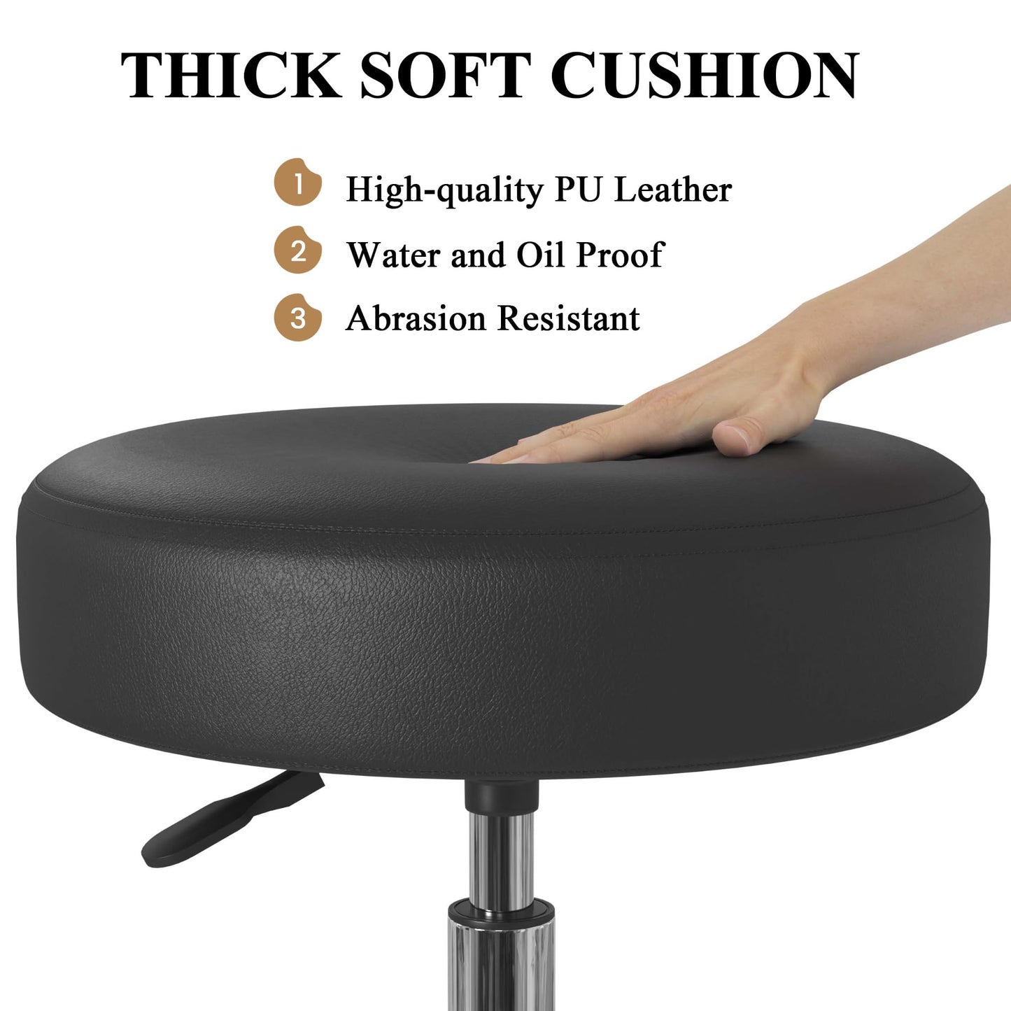SHA CERLIN Rolling Stool with Wheels Swivel Shop Salon Chair Adjustable Drafting Massage Medical Tattoo Spa with PU Leather Cushioned,Black and Silver