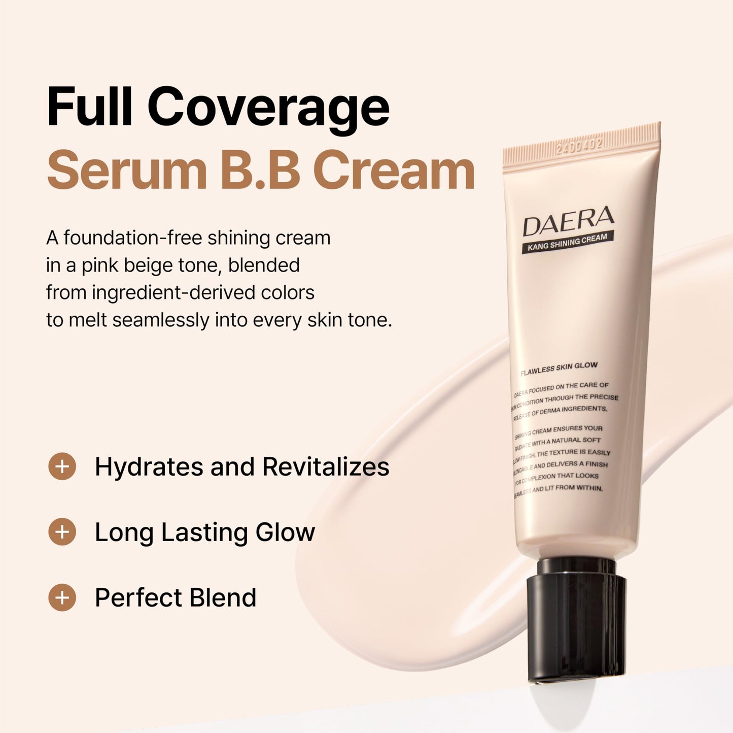 DAERA Full Coverage BB Cream Tinted Moisturizer Foundation, Flawless Glass Skin Makeup, Instant Radiance for Uneven Skin, Long Lasting Lightweight Hydrating, Self Adjusting Shade (Neutral), 1.35 fl oz