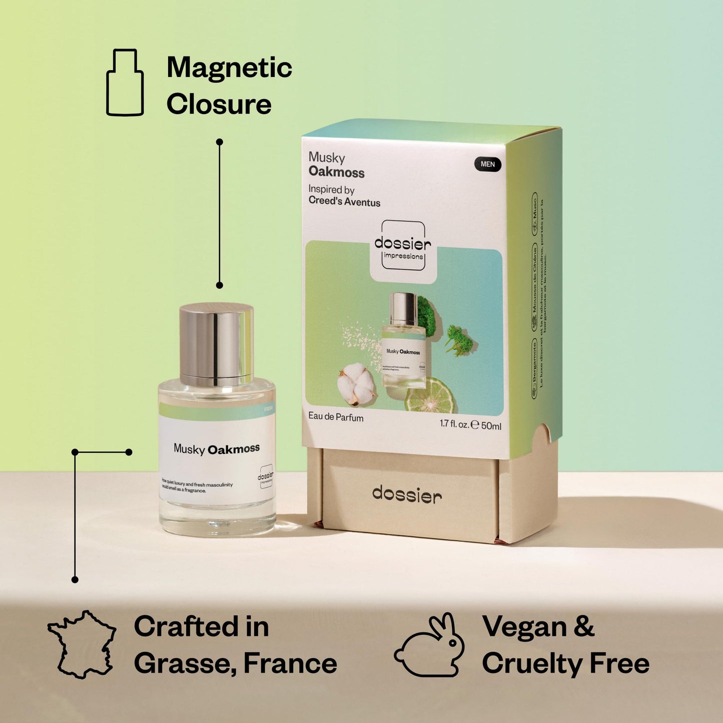 Dossier - Musky Oakmoss - Eau de Parfum - Inspired by Aventus - Long-Lasting Fragrance - Masculine - 1.7 fl oz (50ml)