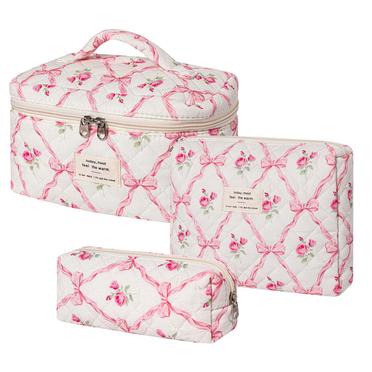 RSRSLEII 3Pcs Large Quilted Makeup Bag for Women and Girls, Cute Coquette Floral Cotton Cosmetic Bag, Aesthetic Travel Organized Toiletry Bags (3Pcs Pink Bows)