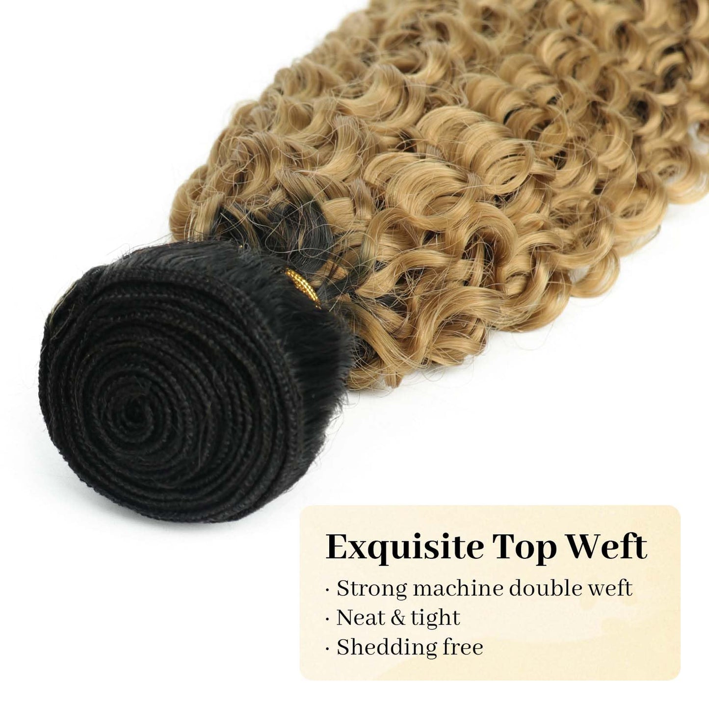 T1B/27 Jerry Curly Human Hair Bundles 8 10 12 Inch Honey Blonde Ombre Brazilian Virgin Remy Hair Extensions 12A Tight Curly Soft Bouncy Full Wet and Wavy Quick Sew In 3 Bundles for Black Women