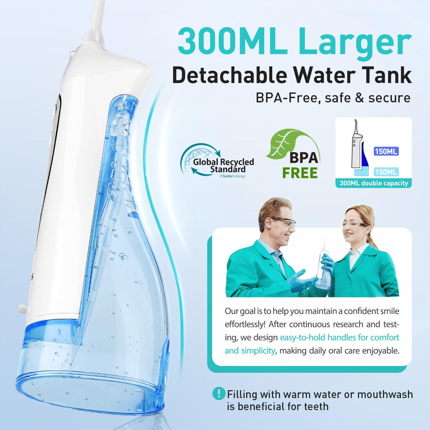 COSLUS ADA Accepted Water Dental Flosser Teeth Pick C20: Portable Cordless Oral Irrigator 300ML Rechargeable Travel Irrigation Cleaner IPX7 Waterproof Electric Flossing Machine, Professional Set White