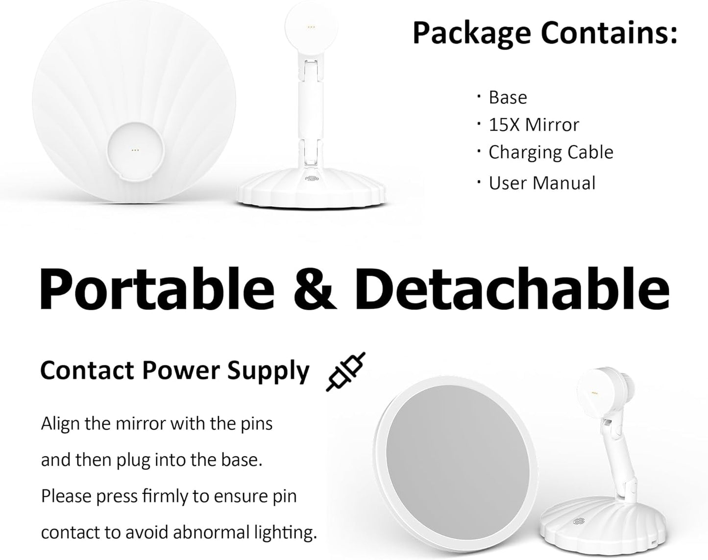 Portable Travel Vanity Mirror with Lights - Interchangeable Design & 1/15X Magnification | Stepless Adjustable Brightness, 3 Color Modes