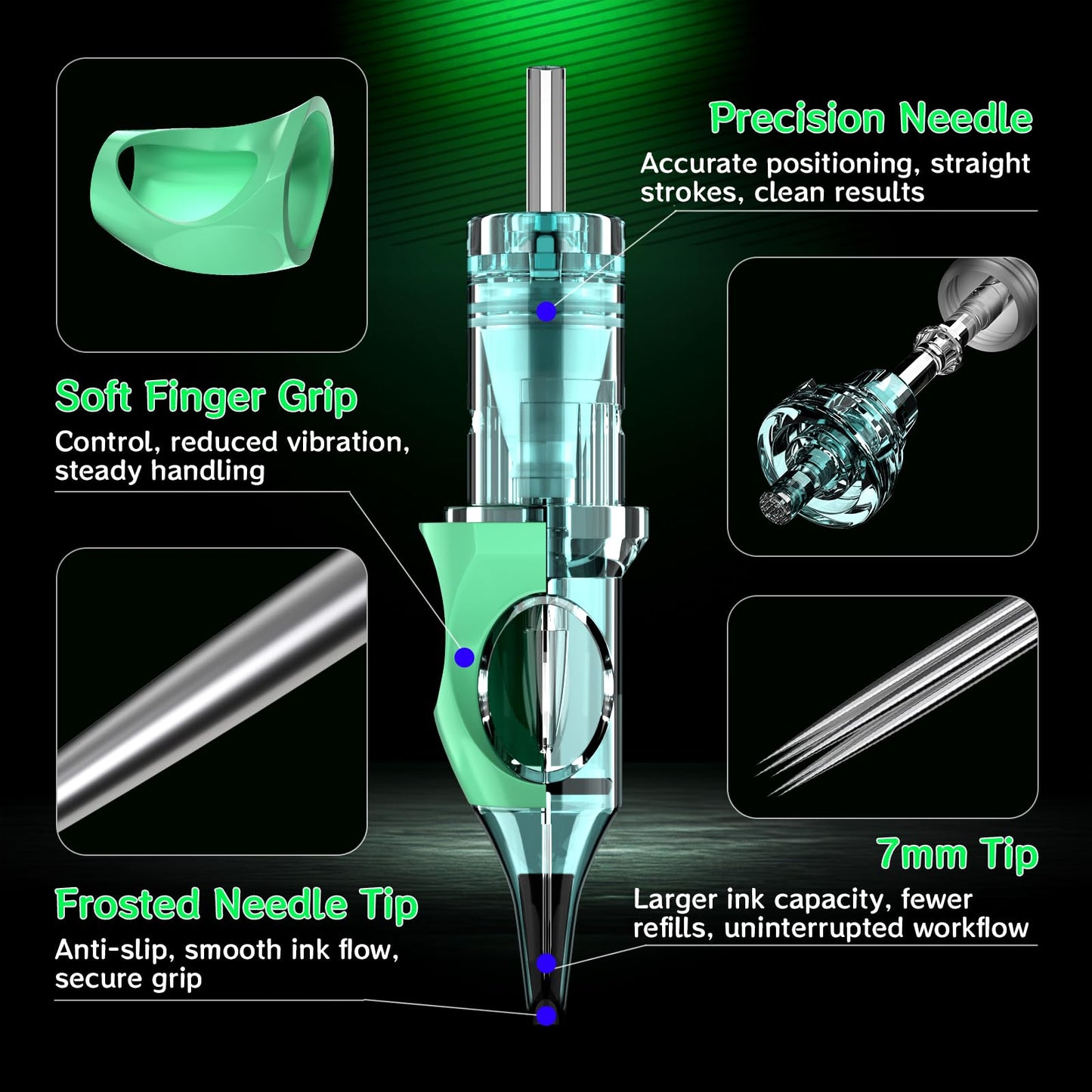 50pcs Mixed Tattoo Cartridge Needles, ATOMUS Assorted Disposable Tattoo Needle 3RL 5RL 7RL 9RL 3RS 5RS 7RS 9RS 5M1 7M1 for Tattoo Machine (Green)