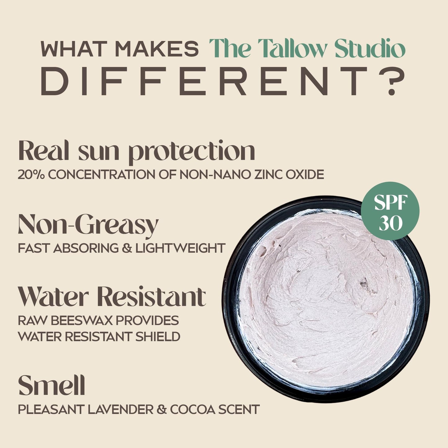 Mineral Sunscreen for Sensitive Skin | Organic Lavender Scent – SPF 30 | Chemical-Free Sun Protection with Grass-Fed Tallow + Non-Nano Zinc Oxide | Non-Greasy, Natural SPF Balm for Face & Body (2oz)