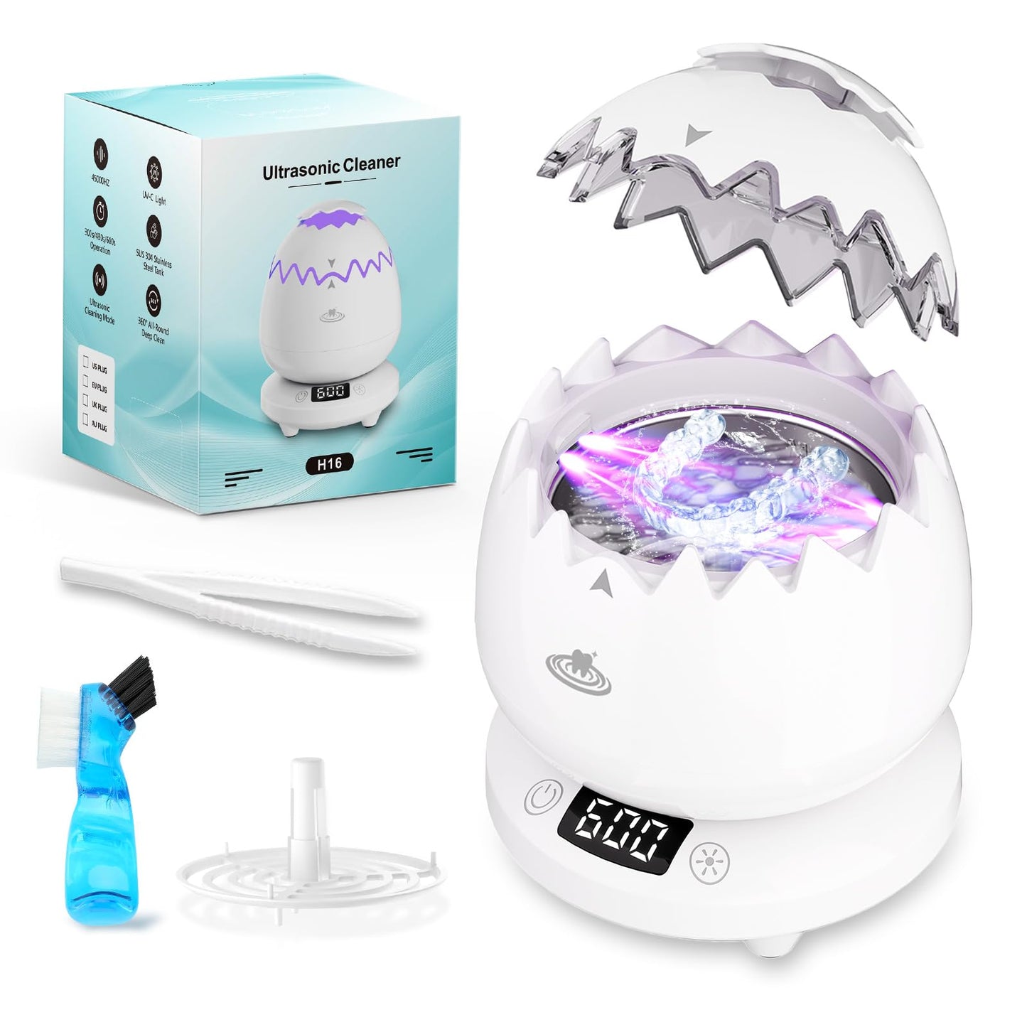 Ultrasonic Retainer Cleaner Machine for Denture, Dental Cleaning Pod with Digital Timer, 45kHz/180ML Waterproof Ultrasonic Denture Cleaners for Aligner, Mouth Guard, Braces, Ring Jewelry Cleaner