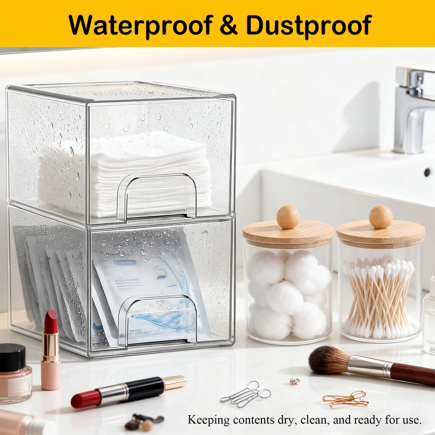 Qeosvve 6 Pack Clear Stackable Storage Drawers & Qtip Holder Dispenser with Bamboo Lids, Clear Plastic Storage Containers for Bathroom, Vanity, Undersink, Kitchen Cabinets, Pantry, Home Organization