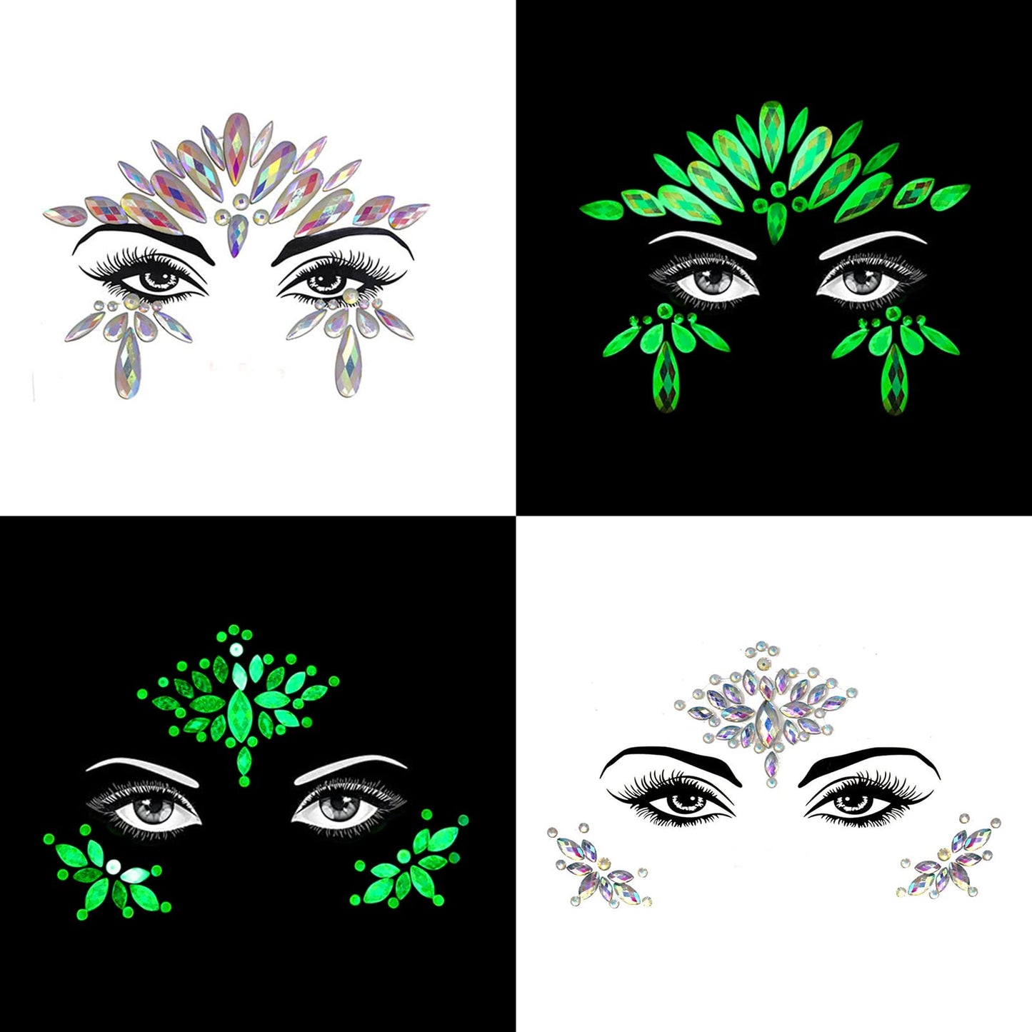Glows Face Gems Jewels, 4 Pack Noctilucent Stickers Glow in the Dark Tattoo Crystals Body Gems Stick on for Halloween Carnival Festival Party