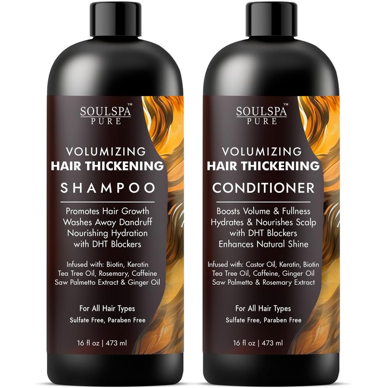 SOULSPA PURE Thickening Shampoo and Conditioner Set - Volumizing Formula with DHT Blockers, Biotin, Keratin, Caffeine & Saw Palmetto - Hair Thickening for Men & Women - Made in USA - 16 fl oz Each