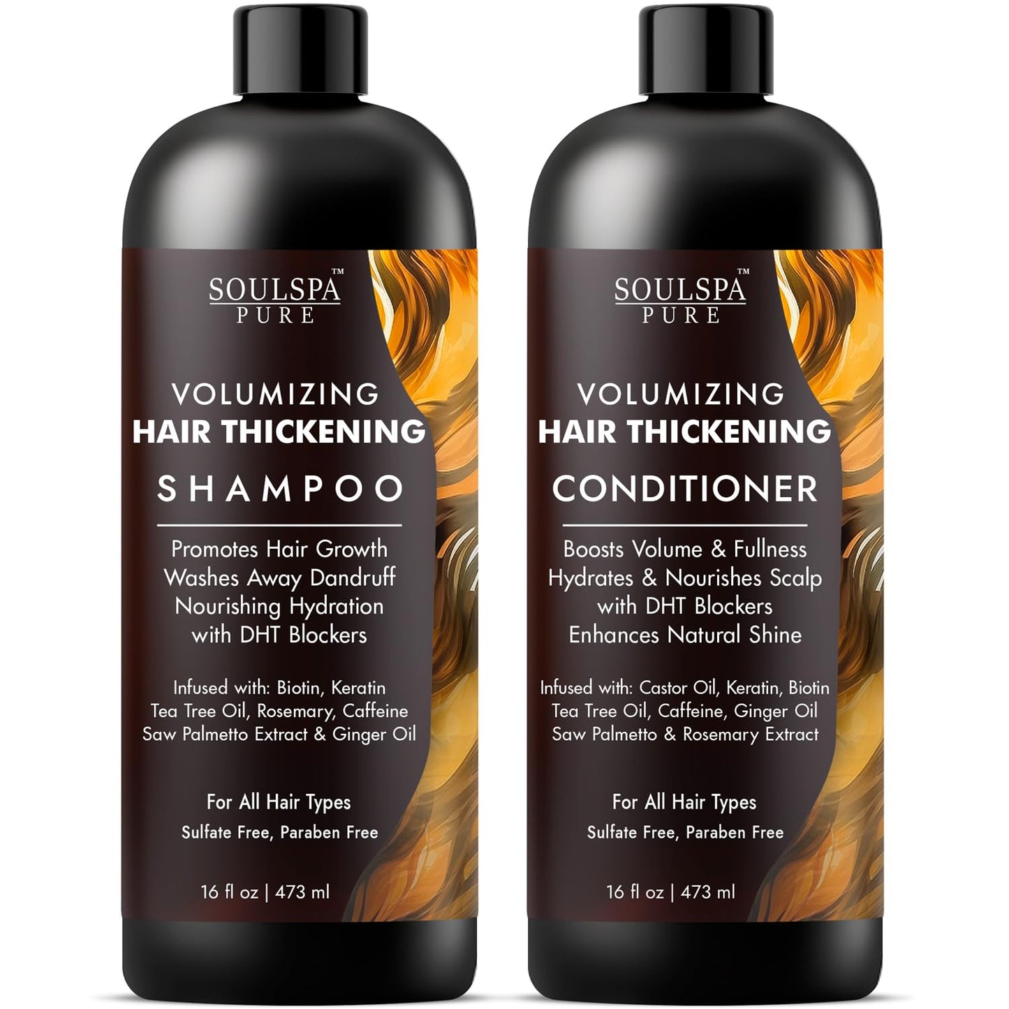 SOULSPA PURE Thickening Shampoo and Conditioner Set - Volumizing Formula with DHT Blockers, Biotin, Keratin, Caffeine & Saw Palmetto - Hair Thickening for Men & Women - 16 fl oz Each