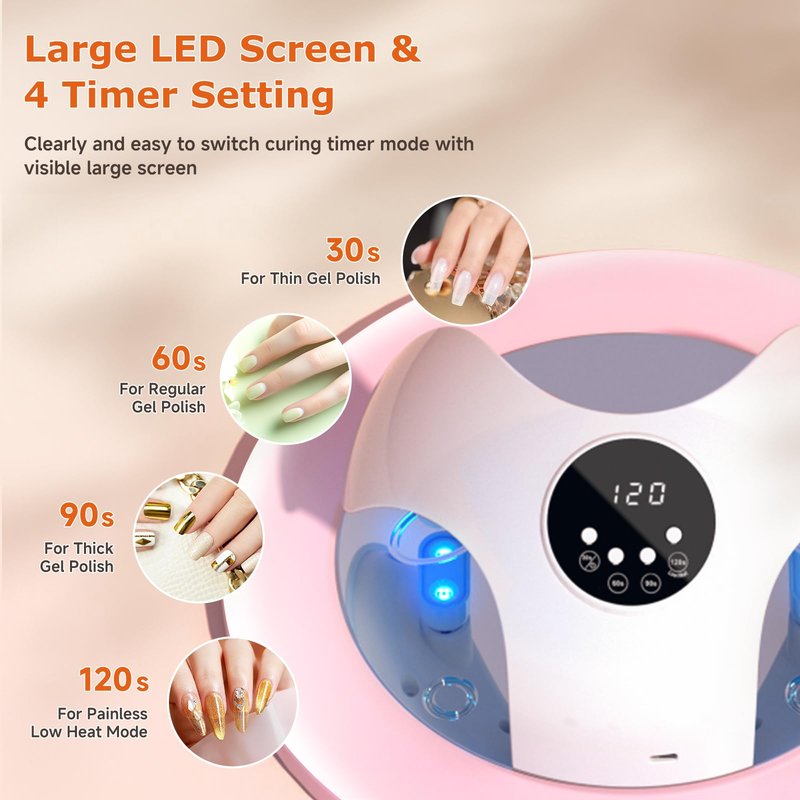 UV LED Nail Lamp, 49W Powerful UV Nail Light with 10Pcs Beads & 4 Timer Setting for All Gel Nails, with 5 Lampshade Encircle Every Fingers for Fast Curing, 150°Angle Adjustable Gel Nail Lamp for Home