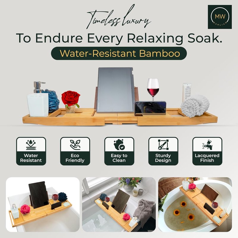 Luxury Bamboo Bathtub Tray - Foldable Spa Caddy with Wine Glass & Tablet Holder | Adjustable, Waterproof, Perfect Gift for Couples