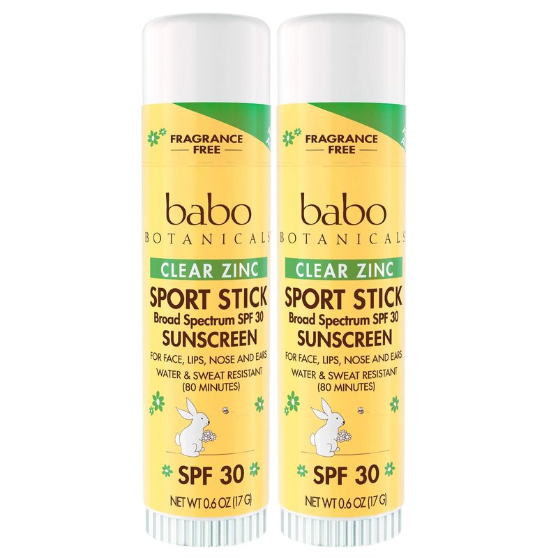 Babo Botanicals Clear Zinc Sport Sunscree Stick SPF 30 with 100% Mineral Active, Unscented, 0.6 Oz - Pack of 2