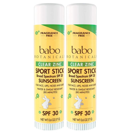 Babo Botanicals Clear Zinc Sport Sunscree Stick SPF 30 with 100% Mineral Active, Unscented, 0.6 Oz - Pack of 2