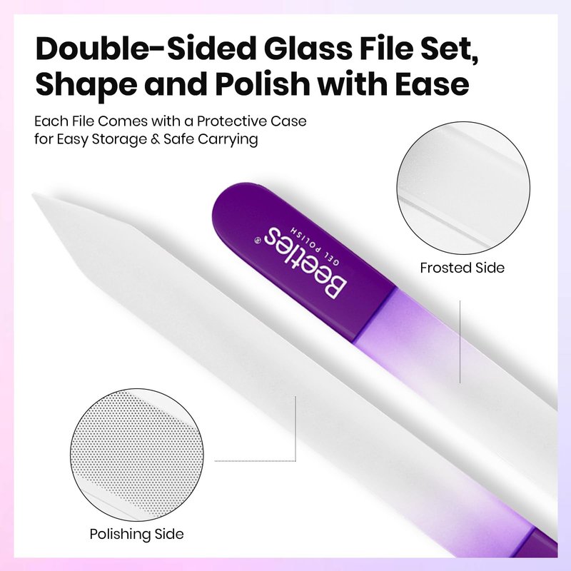Beetles Glass Nail File for Natural Nails 3 Pack – Double-Sided Crystal Nail Files with Case Etched Gentle Nails Care for Shaping & Polishing Manicure, Washable Reusable Glass Fingernail Files